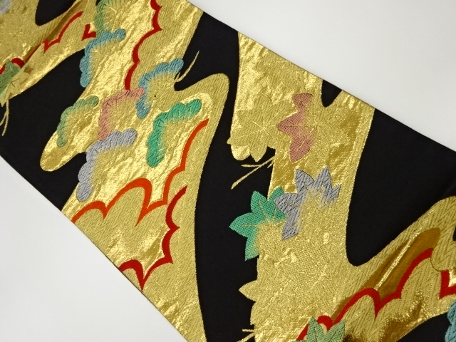 JAPANESE KIMONO / VINTAGE FUKURO OBI / WOVEN WAVY STRIPE & MAPLE LEAVES